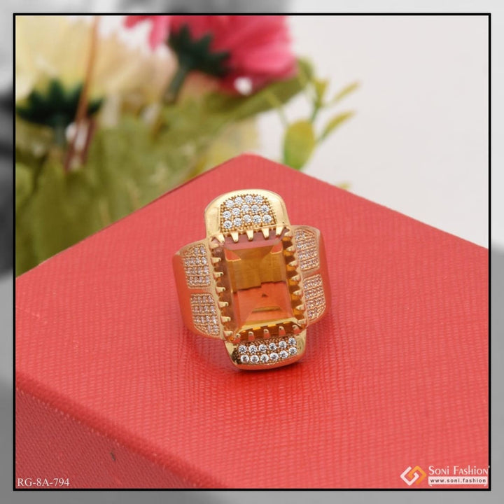 Yellow stone with diamond artisanal design gold plated ring