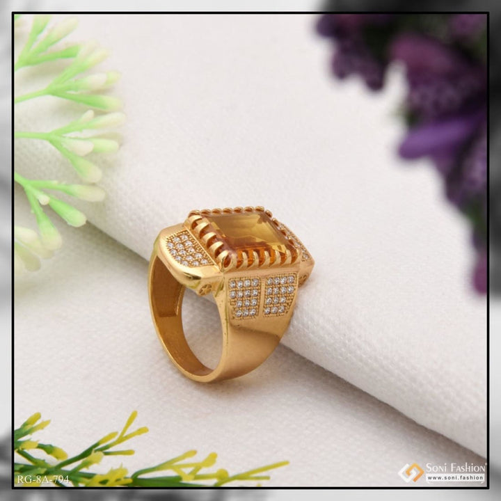 Yellow stone with diamond artisanal design gold plated ring