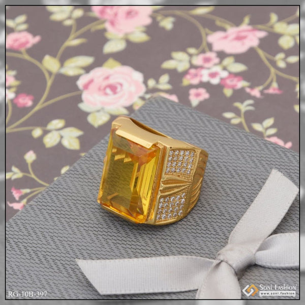 Yellow stone with diamond delicate design gold plated ring