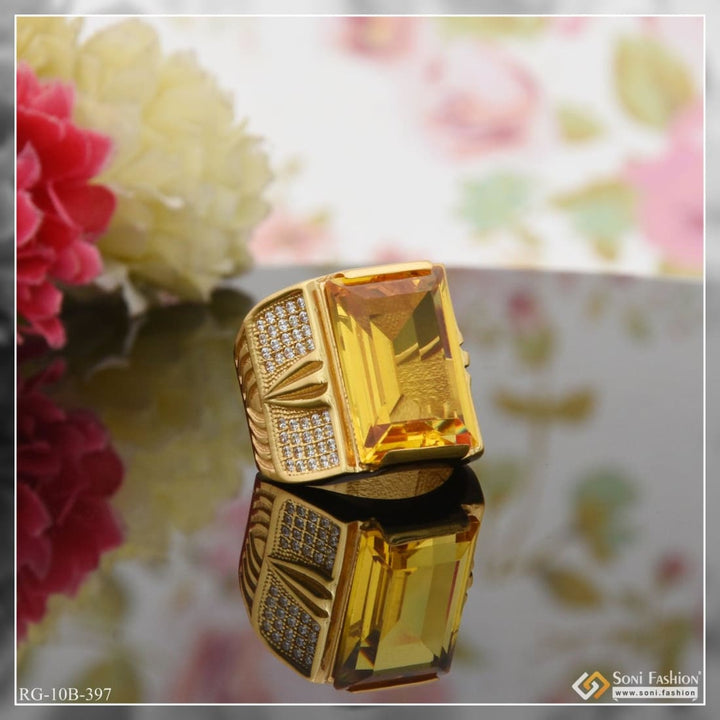 Yellow stone with diamond delicate design gold plated ring