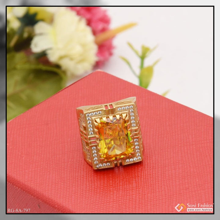 Yellow stone with diamond glamorous design gold plated ring