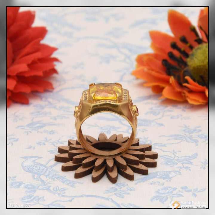 Yellow stone with diamond glamorous design gold plated ring