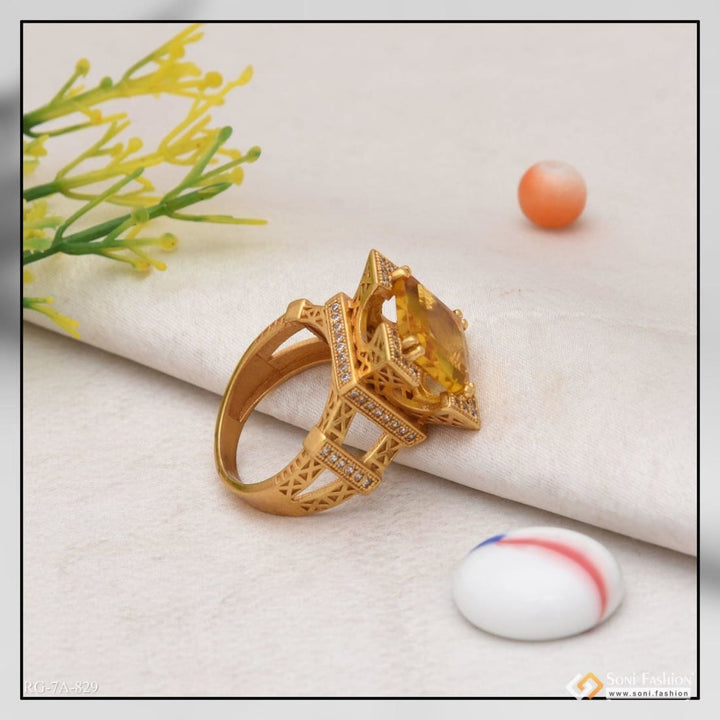 Yellow stone eiffel tower delicate design gold plated ring