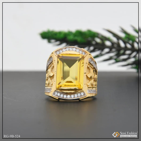 Yellow Stone with Diamond Glittering Design Gold Plated Ring for Men