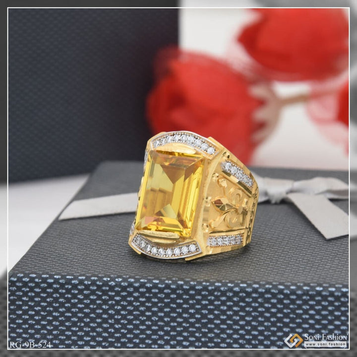 Yellow Sapphire and Diamond Glittering Design Gold Plated Ring for Men