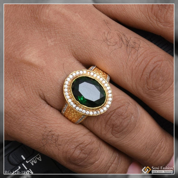 1 Gram Gold Plated Green Stone with Diamond Best Quality Ring for Men - Style B187