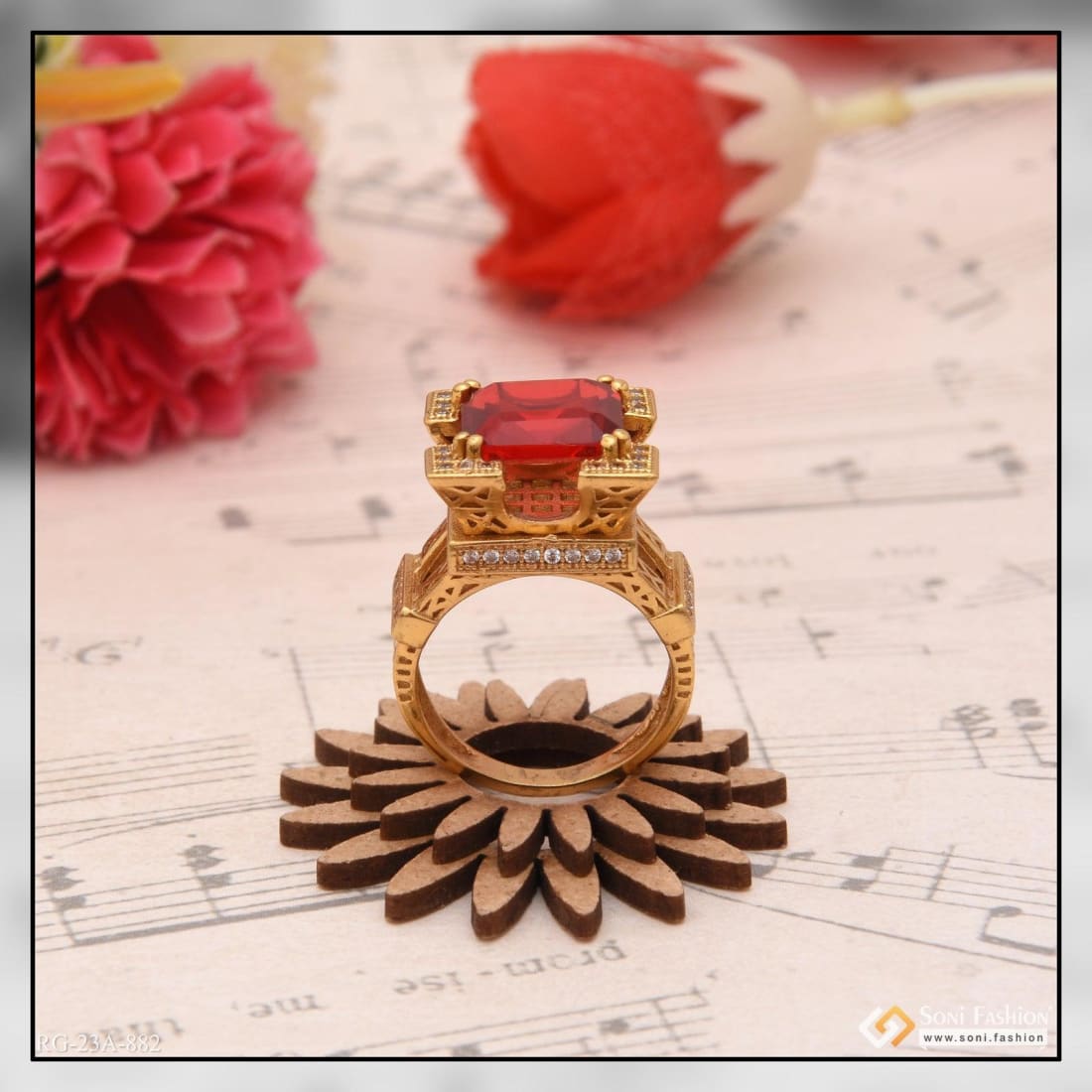 1 Gram Gold Plated Red Stone with Diamond Fashionable Design Ring