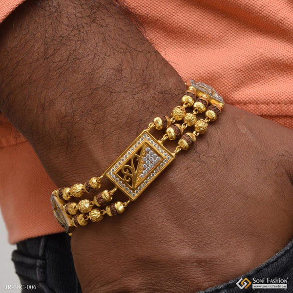 1 Gram Gold Plated Swastika with Diamond Best Quality Bracelet for Men - Style C006