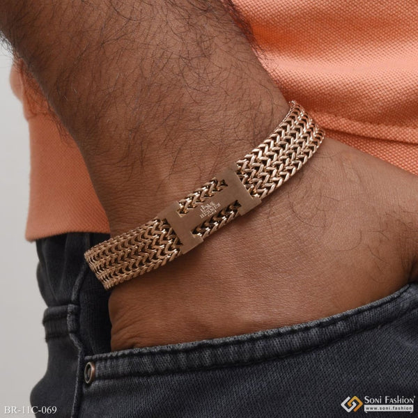 H Iniatial 4 Line Finely Detailed Design Rose Gold Bracelet for Men - Style C069